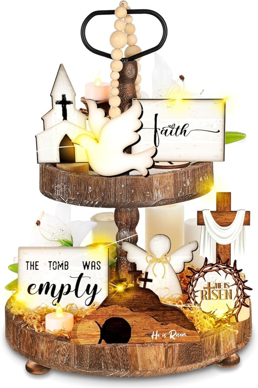 8 Pcs Easter Tiered Tray Decor Easter Table Wooden Sign Decorations Religious Easter Decorations Christian Cross Tabletop Farmhouse Nativity Decor for Easter Kitchen Home Party Holiday